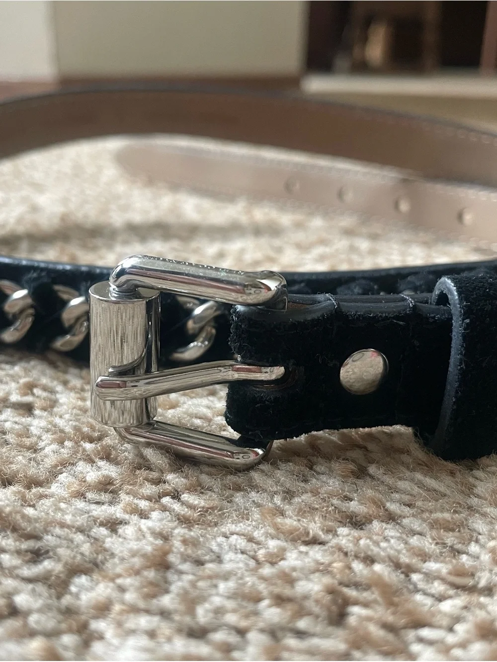 Rebecca Minkoff Black Suede Belt with Silver Chain Trim